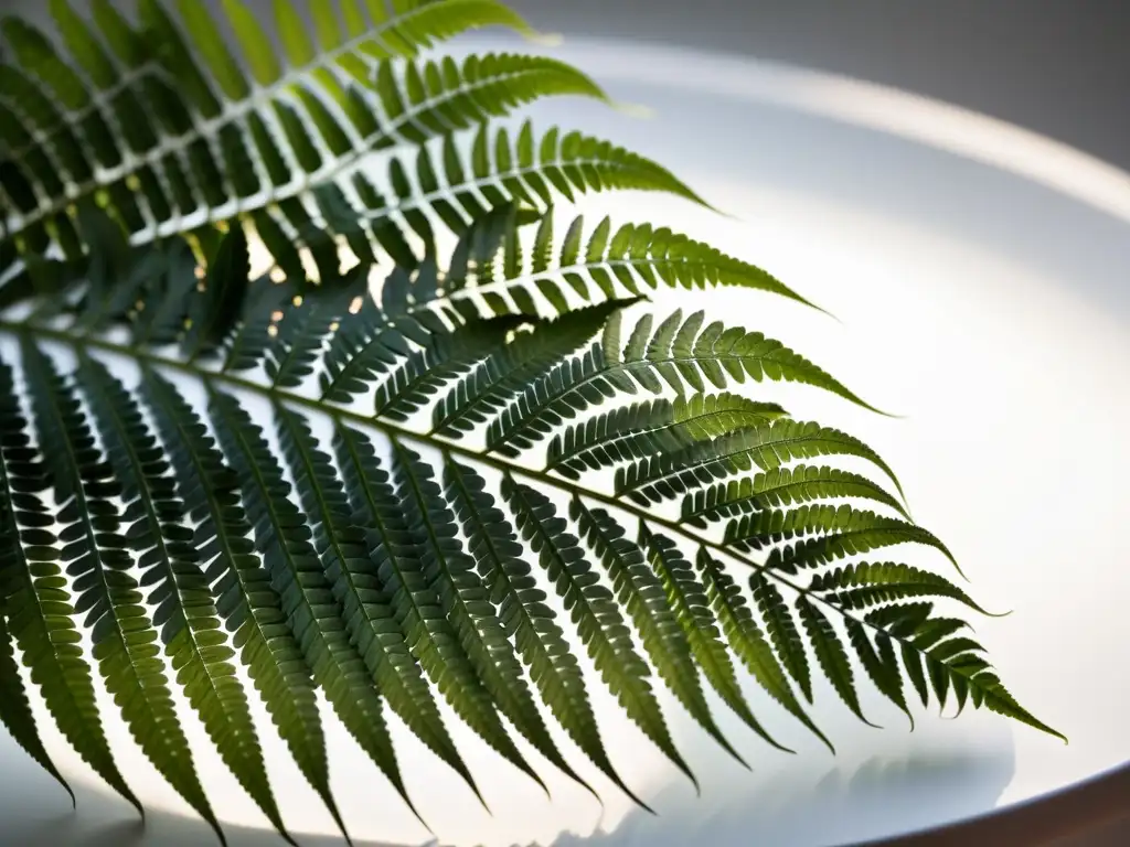 Fotografiando plantas de interior en baja luz: Una exuberante planta de helecho bañada en luz suave, proyecta delicadas sombras en una mesa blanca