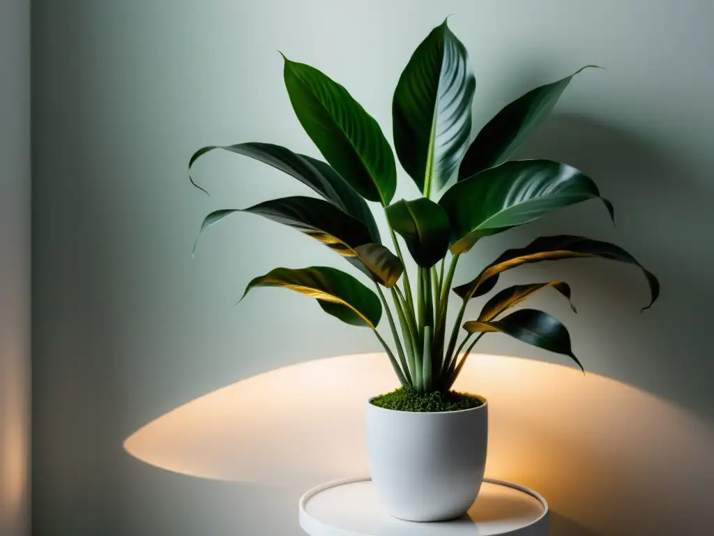 Plantas de interior de baja luz: Sereno Sansevieria en soporte blanco, luz suave, belleza minimalista