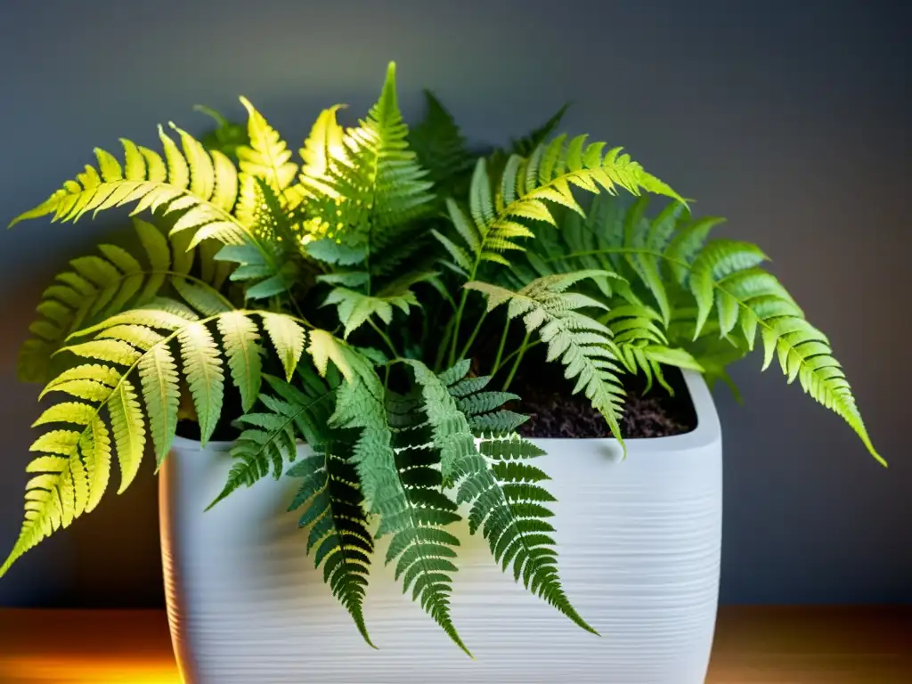 Fotografiando plantas de interior en baja luz: Detalle de helecho verde iluminado en un elegante macetero blanco