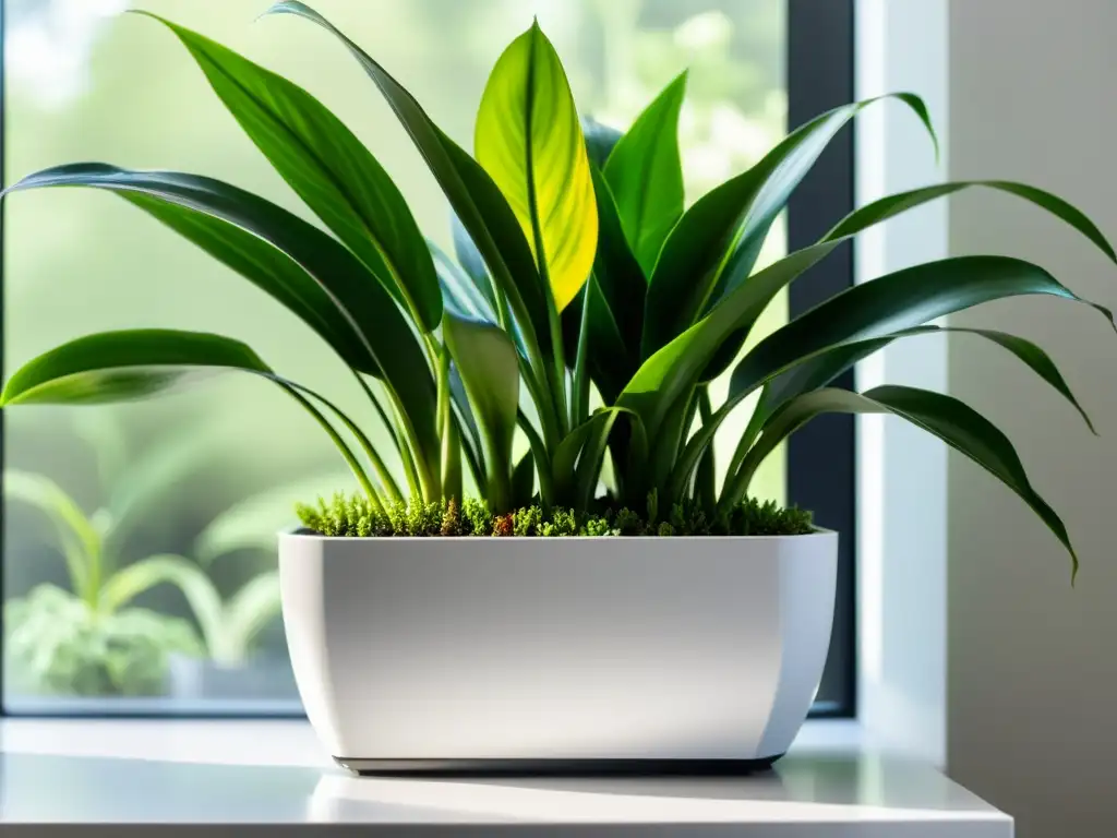 Plantas de interior de bajo mantenimiento en moderno macetero minimalista, creando calma y armonía