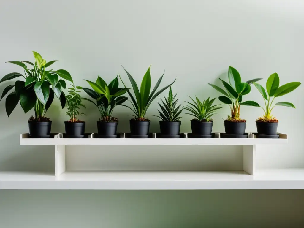 Combinar plantas de interior ciclos vida: Arreglo de plantas en estantería blanca, mostrando diversidad y ciclos de vida, iluminado por luz natural