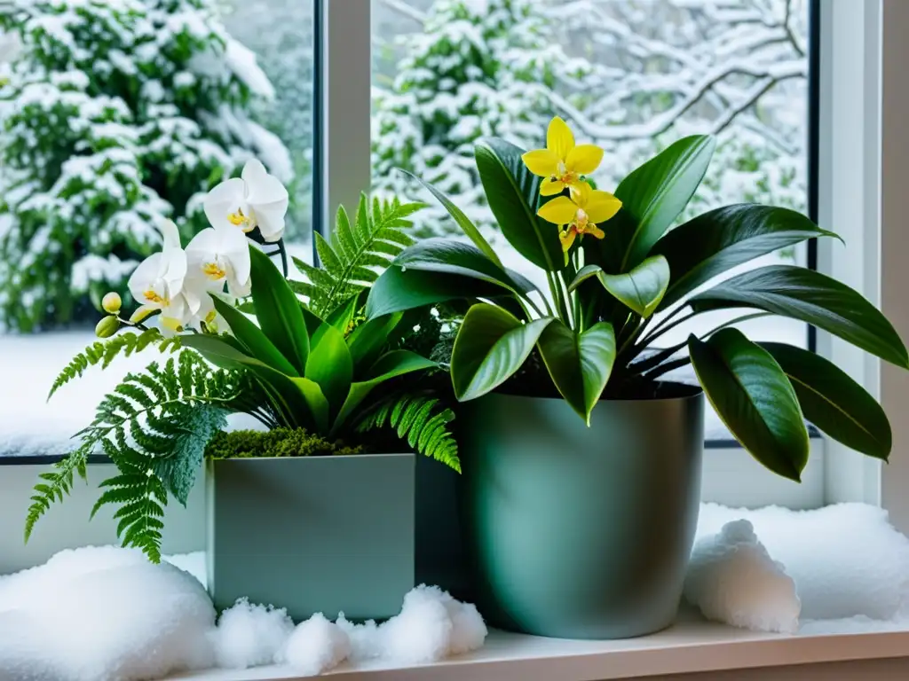 Plantas de interior para climas fríos: Colección vibrante de plantas en un ambiente invernal, con hojas y pétalos exhibiendo patrones y texturas