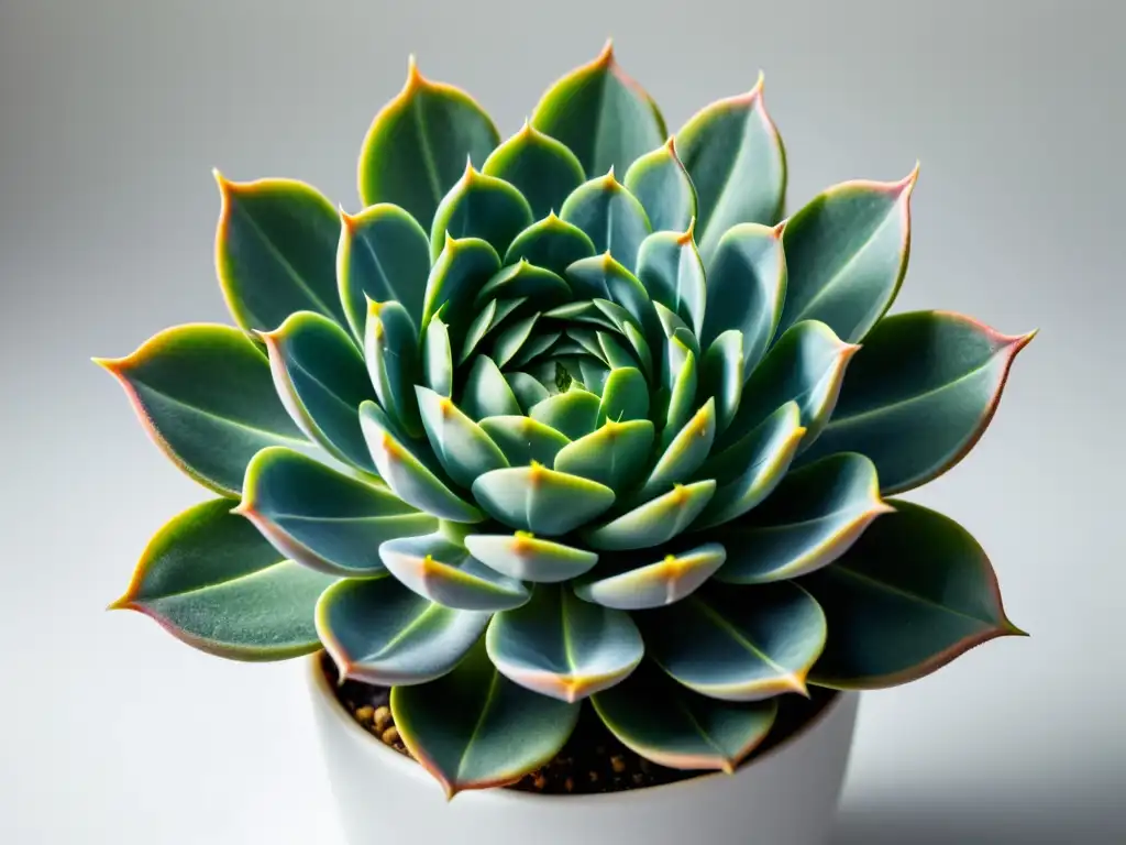 Una fotografía de plantas de interior creativa: Detalle de una suculenta verde vibrante, con patrones y texturas intrincados en cada hoja