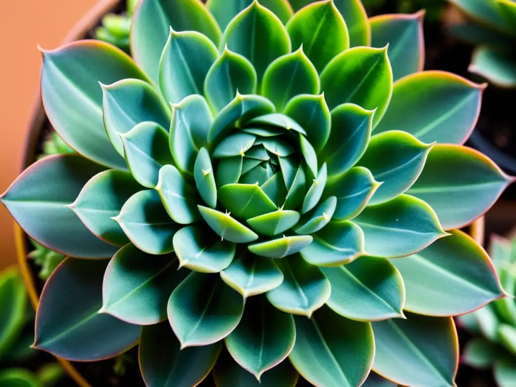 Una fotografía de plantas de interior creativa, mostrando la vibrante suculenta verde desde un ángulo único, con patrones e texturas detallados y una iluminación natural suave