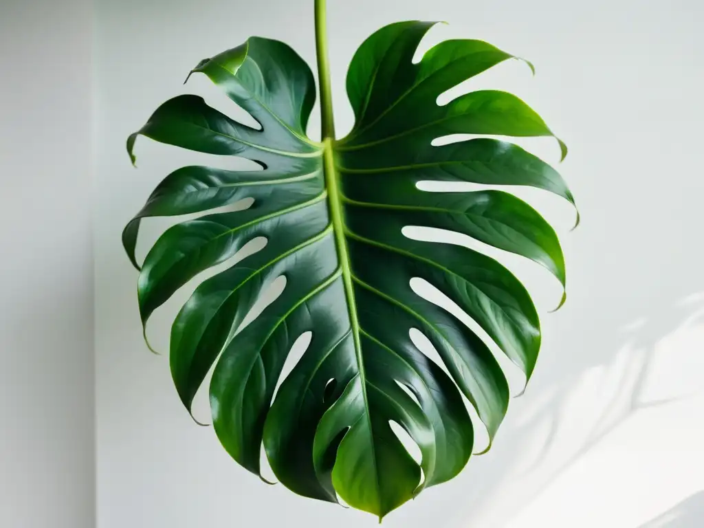 Plantas de interior cuidado histórico: Monstera deliciosa exuberante con hojas brillantes desplegándose en un fondo blanco, bañada por la luz solar