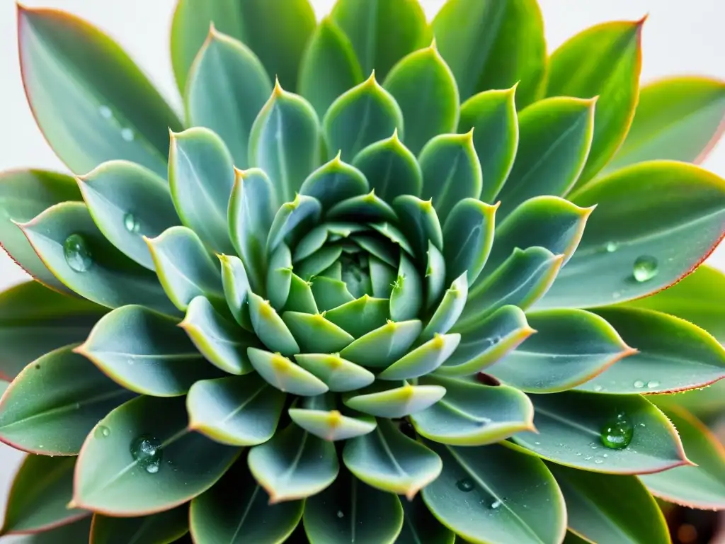 Fotografiar plantas de interior detalladas: Imagen nítida de una suculenta verde con gotas de agua, sobre fondo blanco