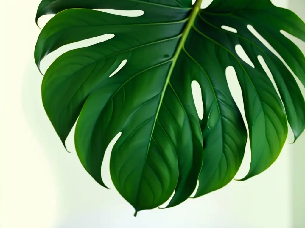 Monstera deliciosa: Detalles exquisitos en alta resolución Fotografía de plantas de interior: Detalle exquisito de una monstera deliciosa, con hojas verdes y brillantes iluminadas por luz natural