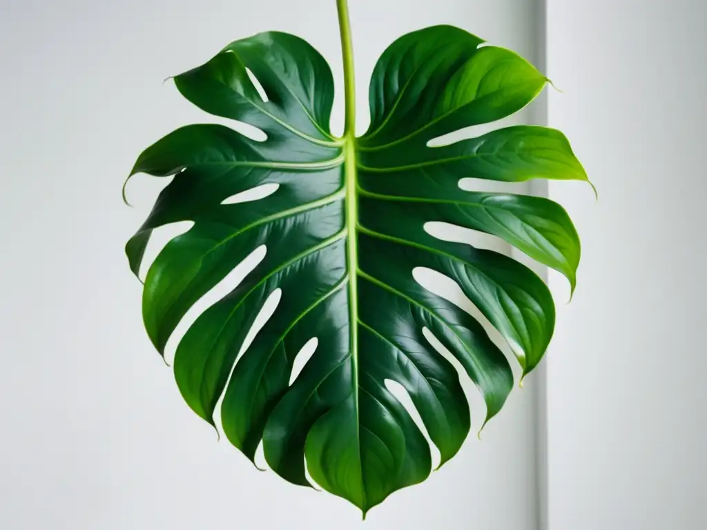 Fotografía de plantas de interior: Detalle de una exuberante y vibrante planta Monstera deliciosa en primer plano sobre fondo blanco