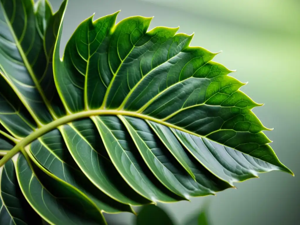 Una fotografía de plantas de interior: Detalle de una exuberante planta de interior con texturas detalladas, bañada por una suave luz natural