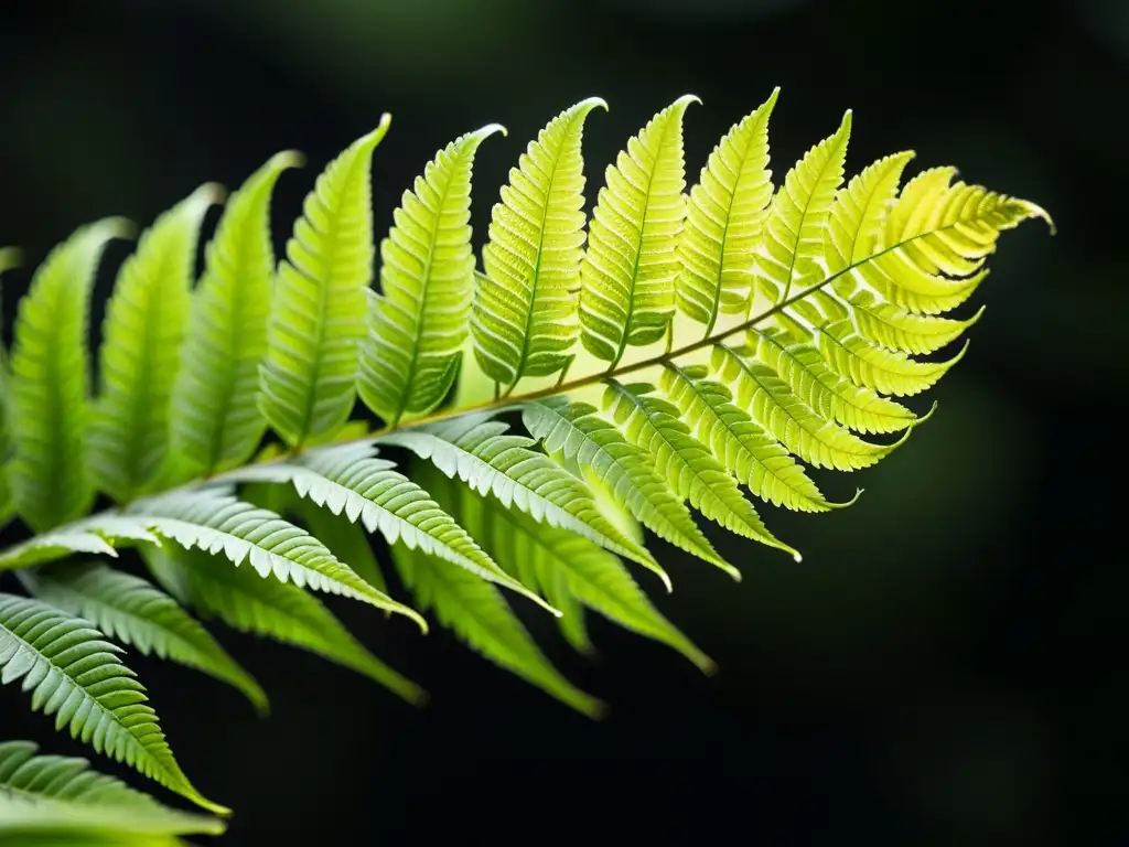 Fotografía botánica de plantas de interior: Detalle de helecho verde desplegándose en su belleza, bañado en suave luz