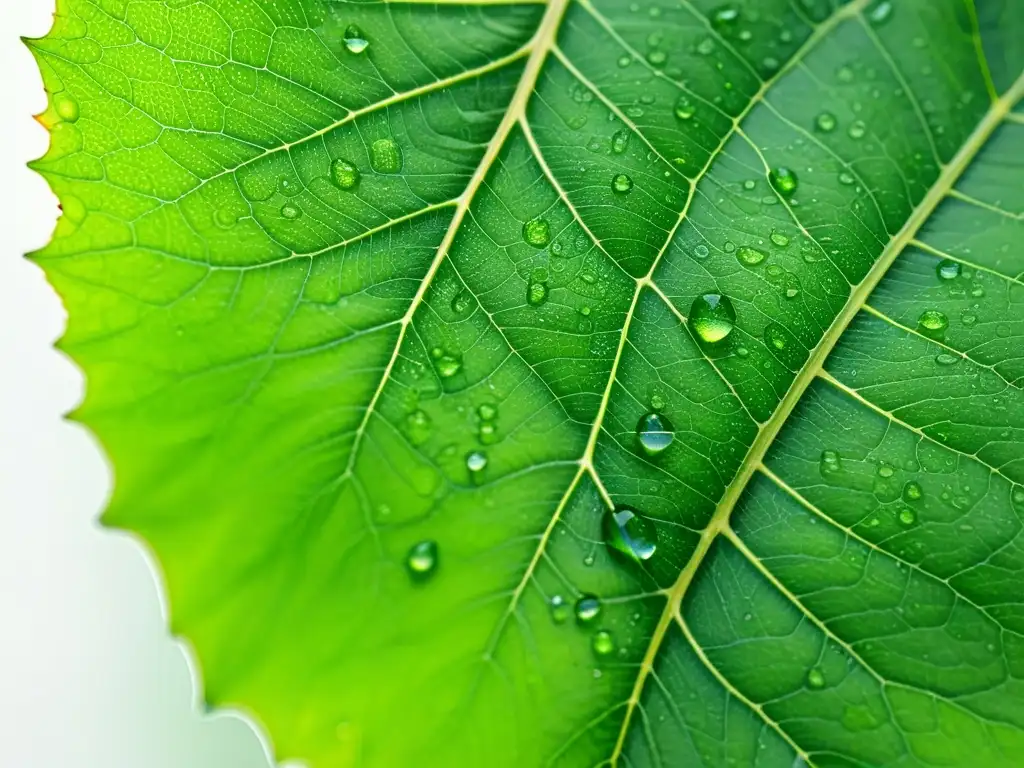 Una fotografía de plantas de interior: Detalle de una hoja verde vibrante con gotas de agua, en un fondo blanco minimalista y elegante