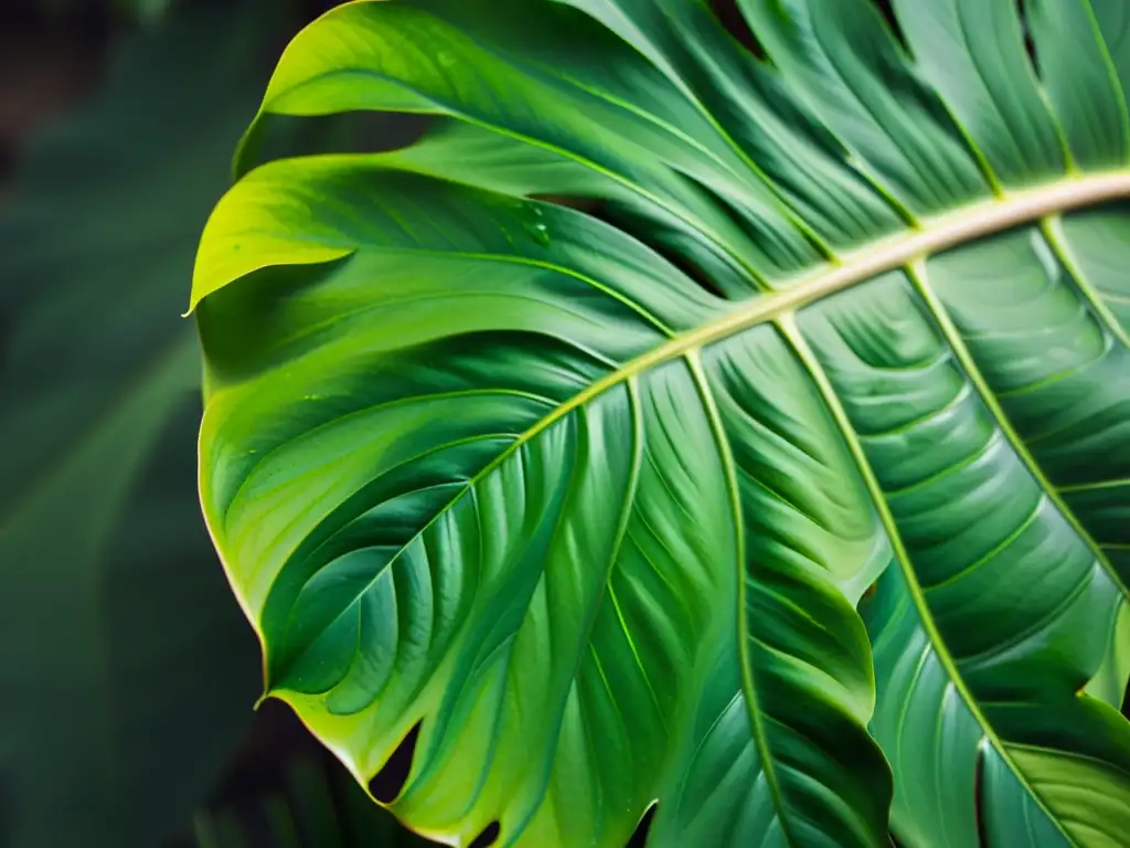 Fotografía de plantas de interior: Detalle de hoja de monstera deliciosa con patrones y texturas, iluminación natural suave y juego de luces y sombras