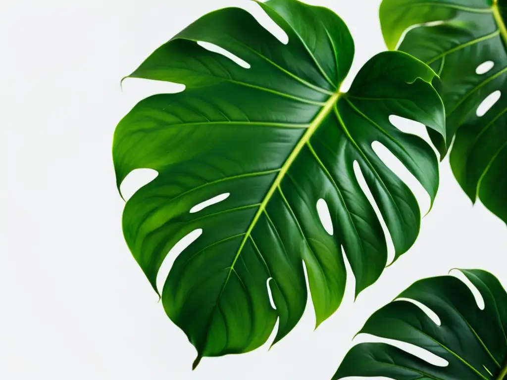 Fotografía de plantas de interior: Detalle impresionante de una exuberante planta de monstera en un elegante fondo blanco