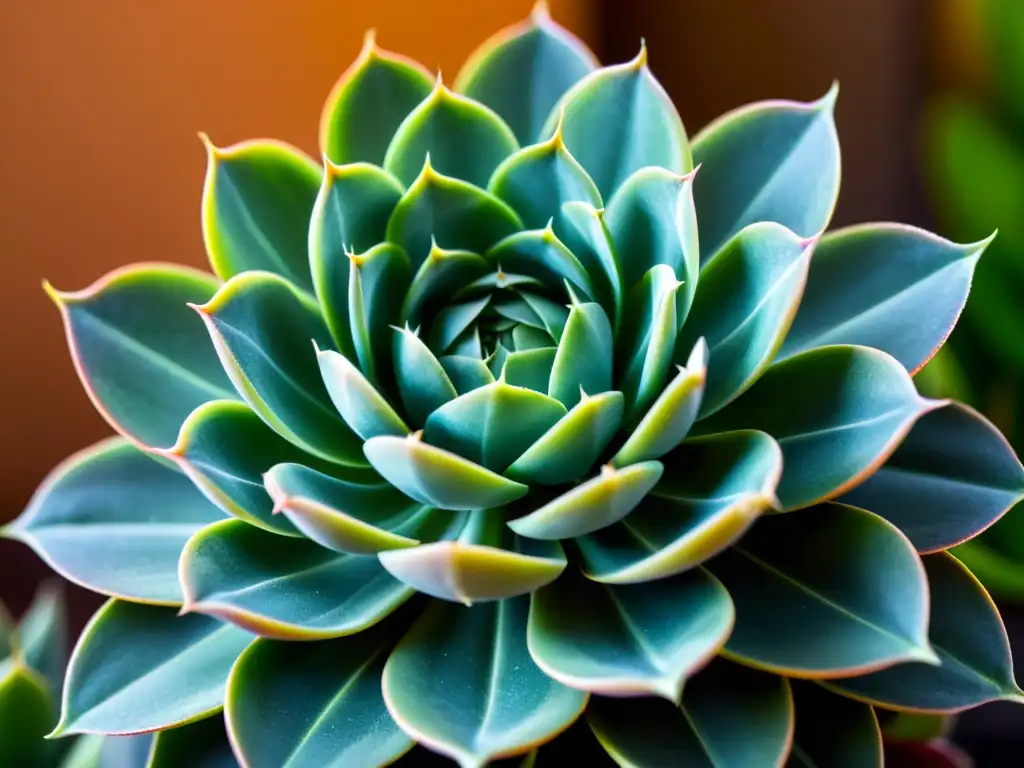 Una fotografía de plantas de interior: Detalle de una suculenta capturando sus patrones y texturas bajo luz natural