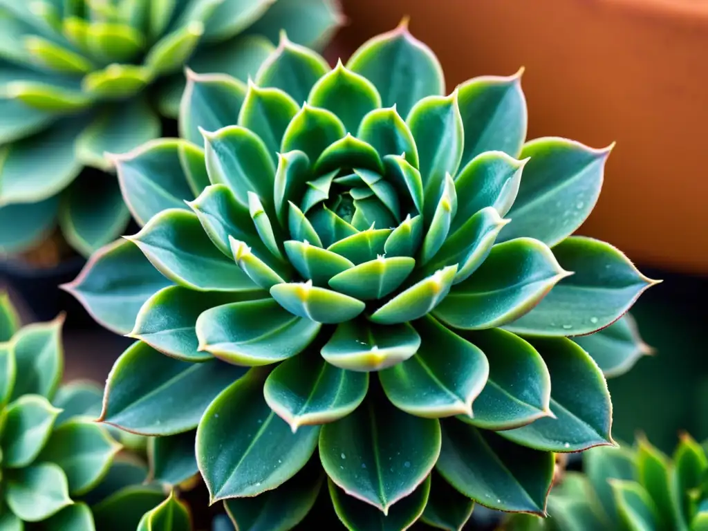 Fotografía botánica de plantas de interior: Detalle de suculenta verde con gotas de agua, iluminada suavemente, transmite calma y belleza natural