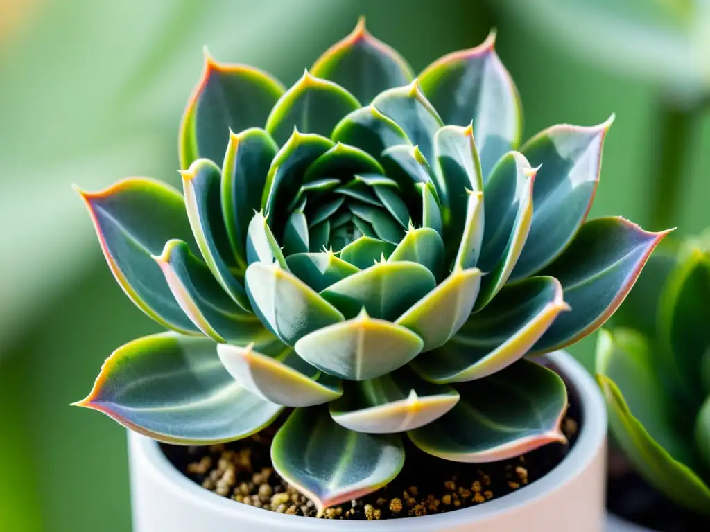 Suculenta verde en maceta blanca: belleza natural en detalle Fotografía de plantas de interior: Detalle de una suculenta verde vibrante en una maceta blanca moderna, en un fondo minimalista