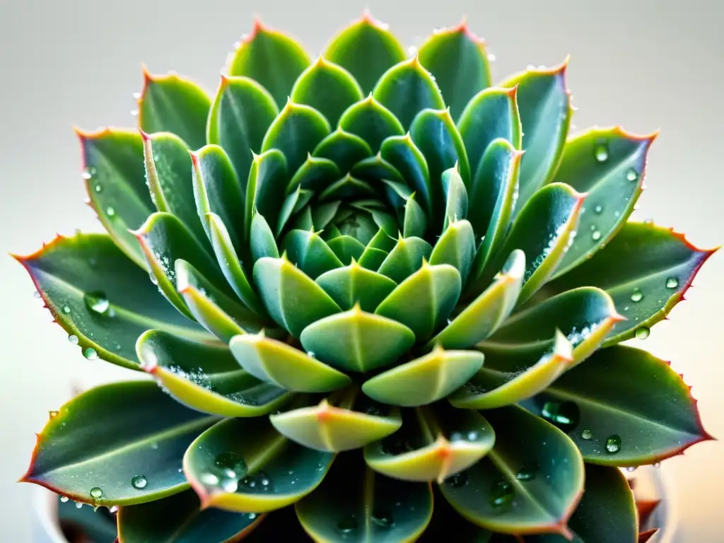 'Fotografía botánica de plantas de interior: Detalle de suculenta verde con rocío, sobre fondo blanco