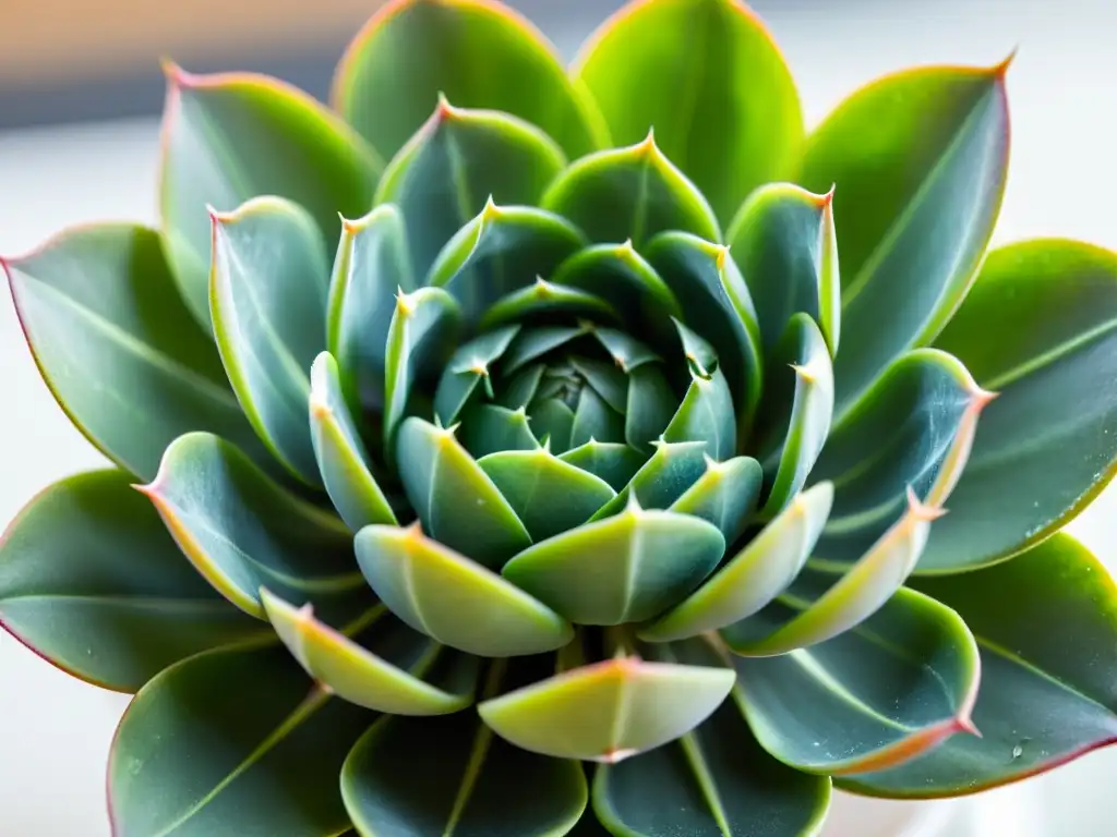 Fotografía de plantas de interior: Detalle de suculenta verde con hojas delicadas y textura nítida, iluminada por luz natural