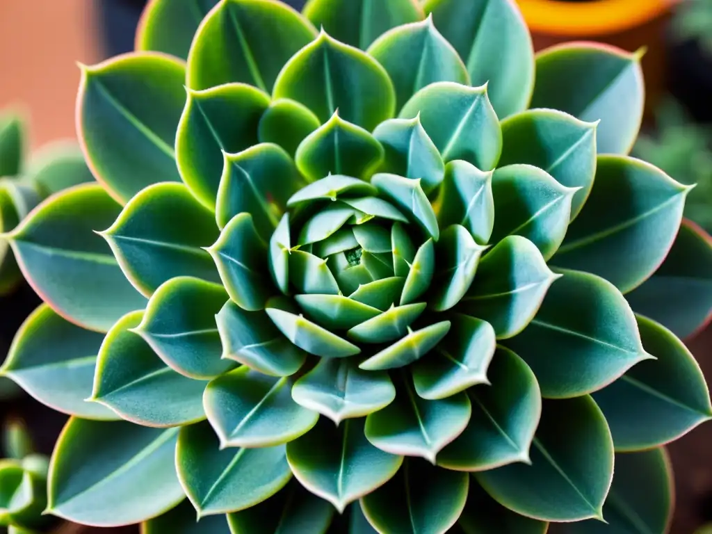 Suculenta verde en espiral: belleza natural en alta definición Fotografía de plantas de interior: Detalle de una suculenta verde con hojas en espiral Fibonacci, resaltando su belleza natural y texturas