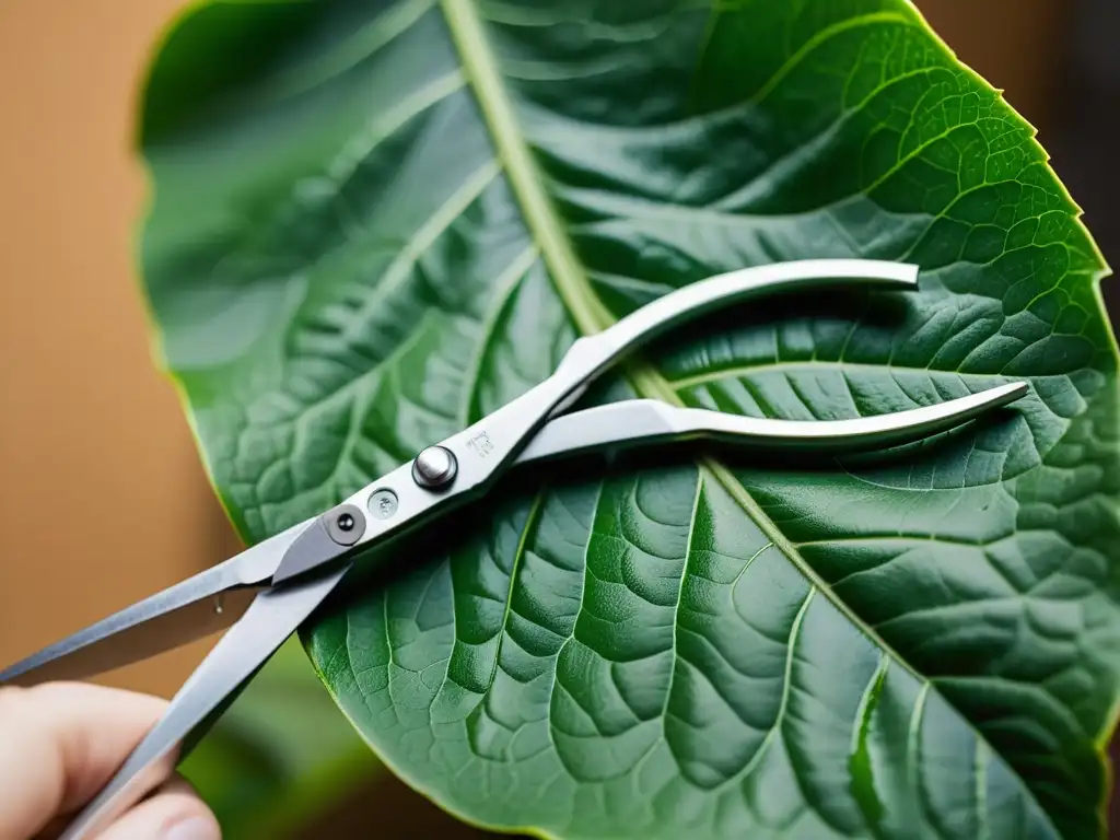 Podar plantas de interior correctamente: Detalle de tijeras esterilizadas cortando delicadamente una hoja enferma de una planta verde exuberante, con sombras suaves resaltando la importancia de la poda meticulosa