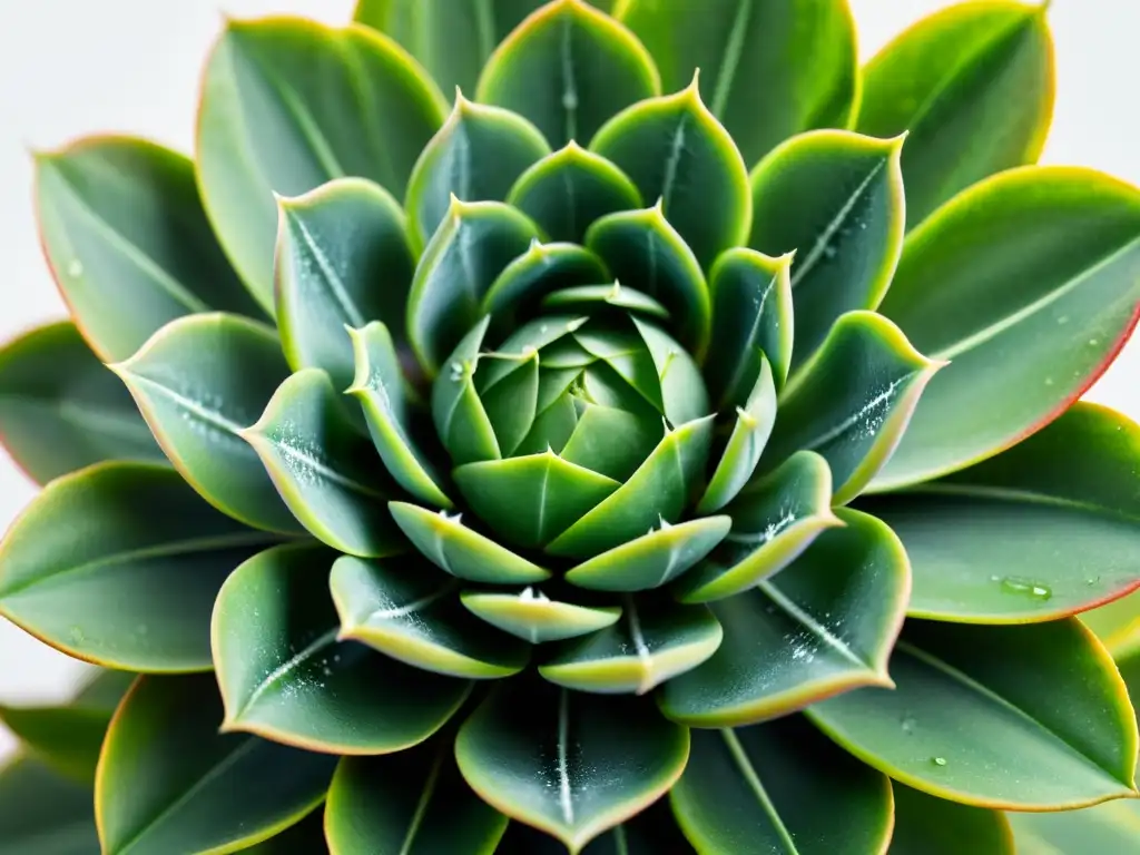 Fotografía de plantas de interior: Detalle ultranítido de una suculenta verde con patrones simétricos en las hojas, contrastando con el fondo blanco