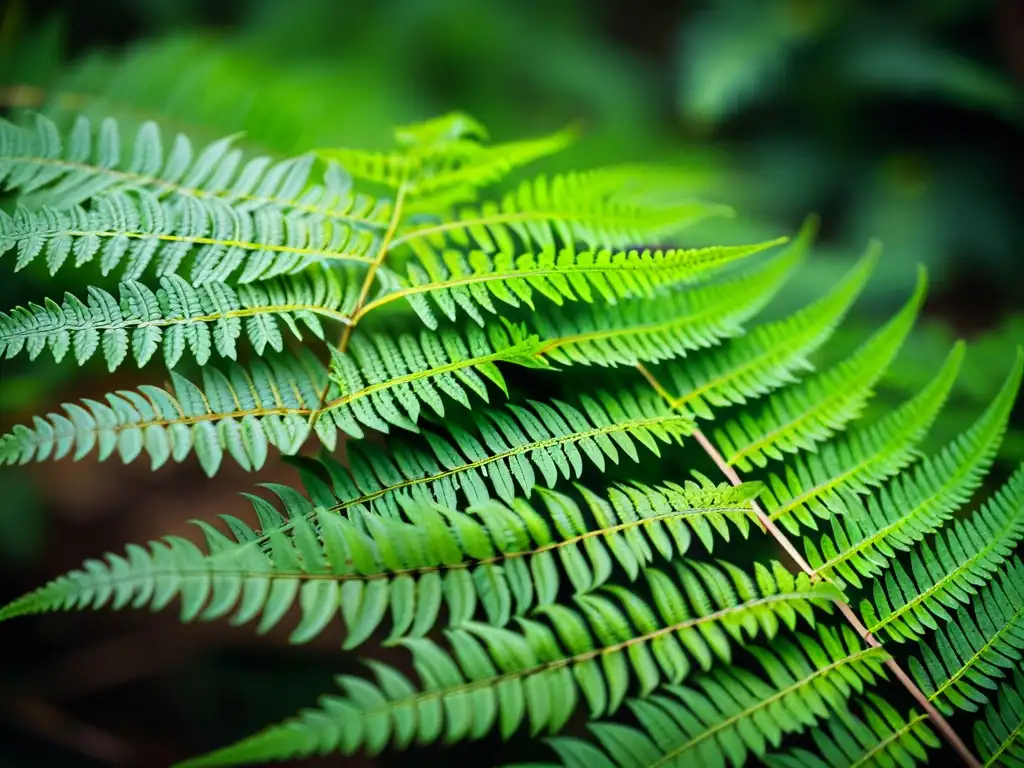 Detalle asombroso de helecho verde en alta resolución Fotografía de plantas de interior: Detalle de helecho verde exuberante con hojas desplegadas hacia la cámara, mostrando texturas y sombras