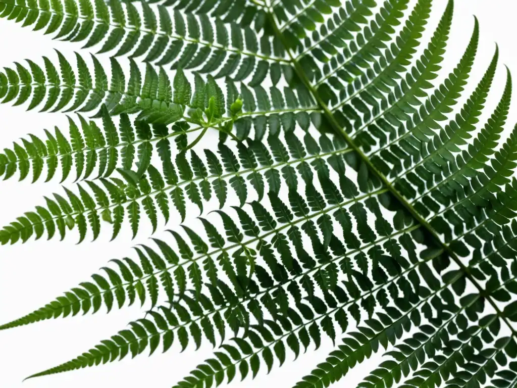 'Fotografía de plantas de interior: Detalle de helecho verde exuberante en contraste con fondo blanco minimalista