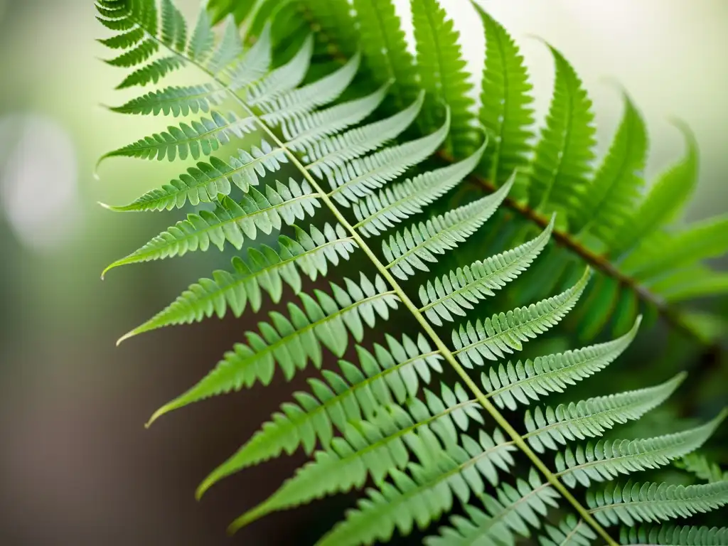 Fotografía de plantas de interior: Detalle de helecho verde exuberante desplegando sus frondas sobre fondo neutro, resaltando su belleza natural