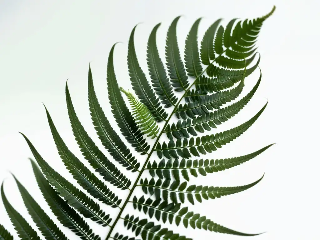 Detalle fascinante de helecho verde: textura orgánica en primer plano Fotografía de plantas de interior: Detalle de helecho verde en fondo blanco, resaltando su textura y belleza natural