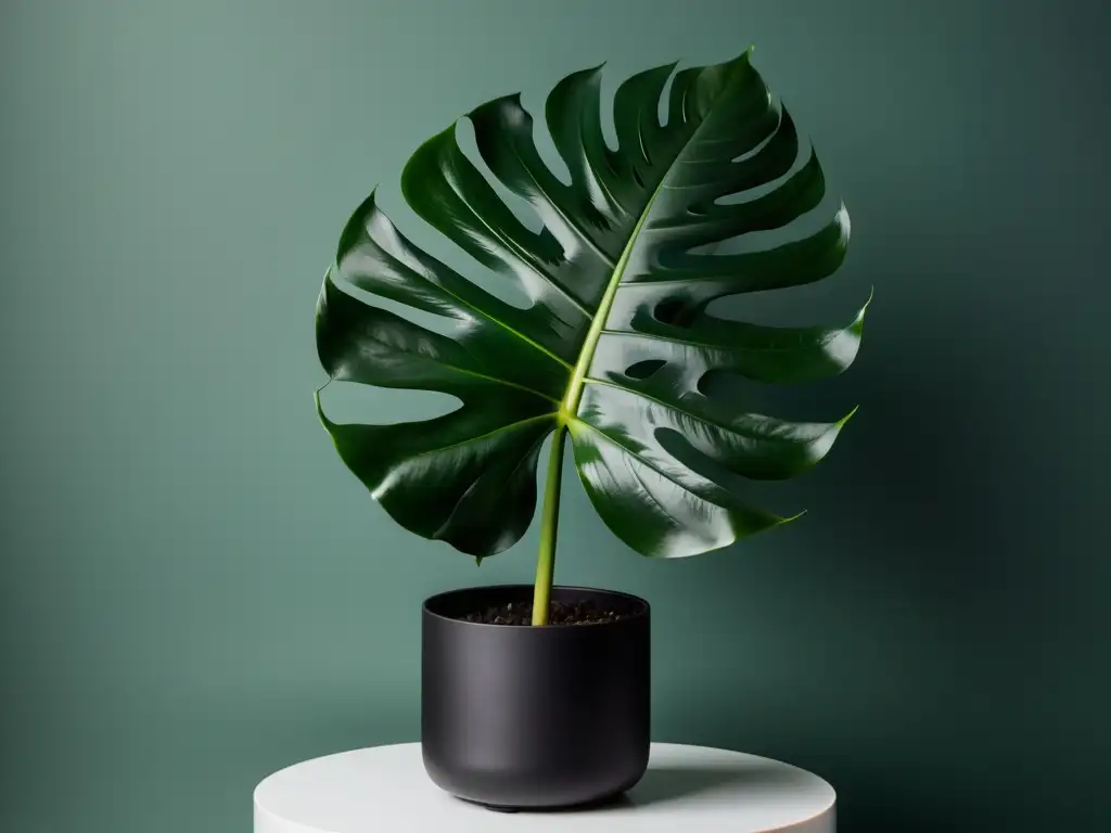 Fotografía de plantas de interior en Instagram: Elegante monstera deliciosa en maceta negra sobre fondo blanco, iluminada por suave luz natural