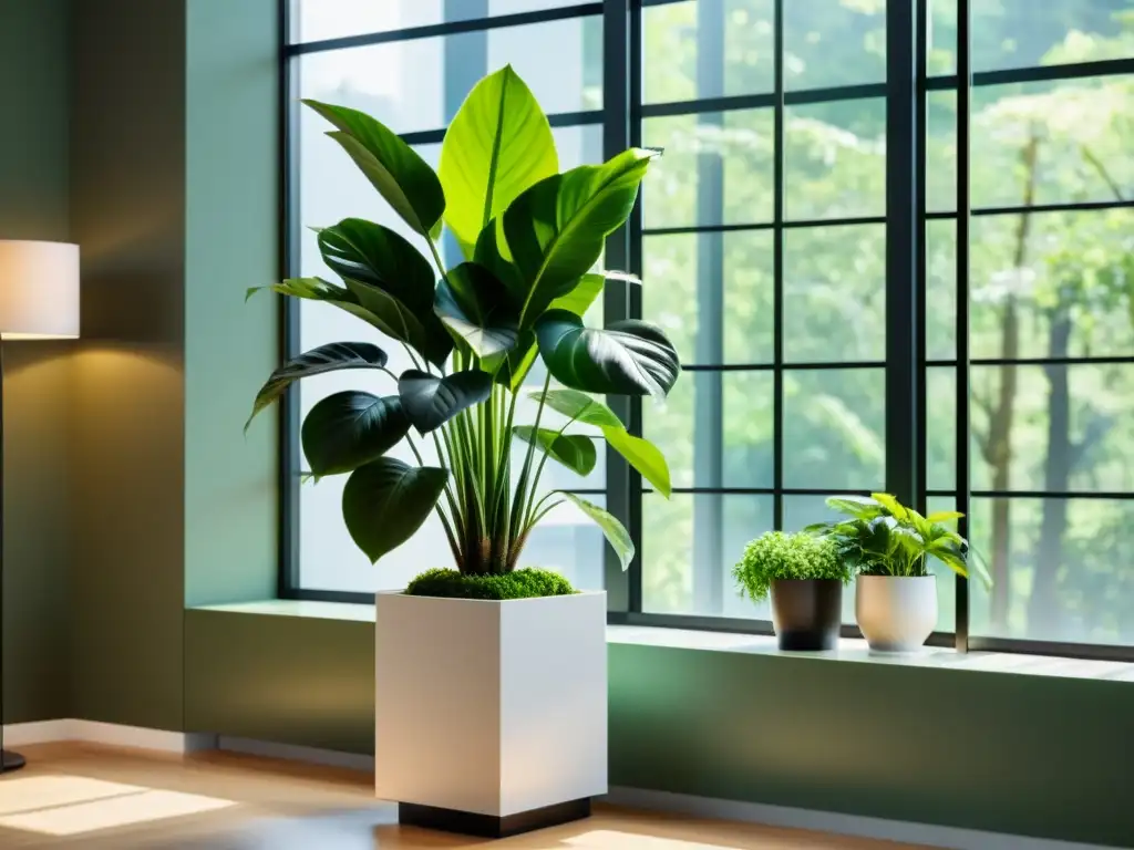 Iluminación para plantas de interior: Elegante soporte con plantas verdes bañadas por la suave luz natural de una ventana