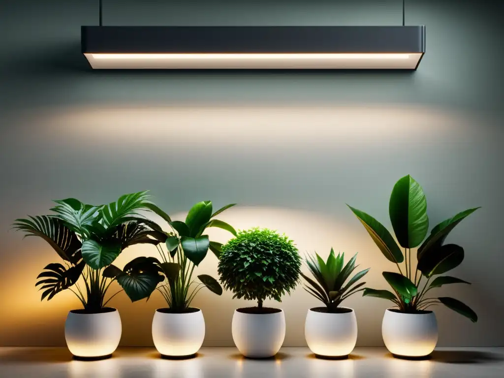 Iluminación para plantas de interior: Espacio interior iluminado con plantas exuberantes y luces estratégicas, creando un ambiente sereno y acogedor