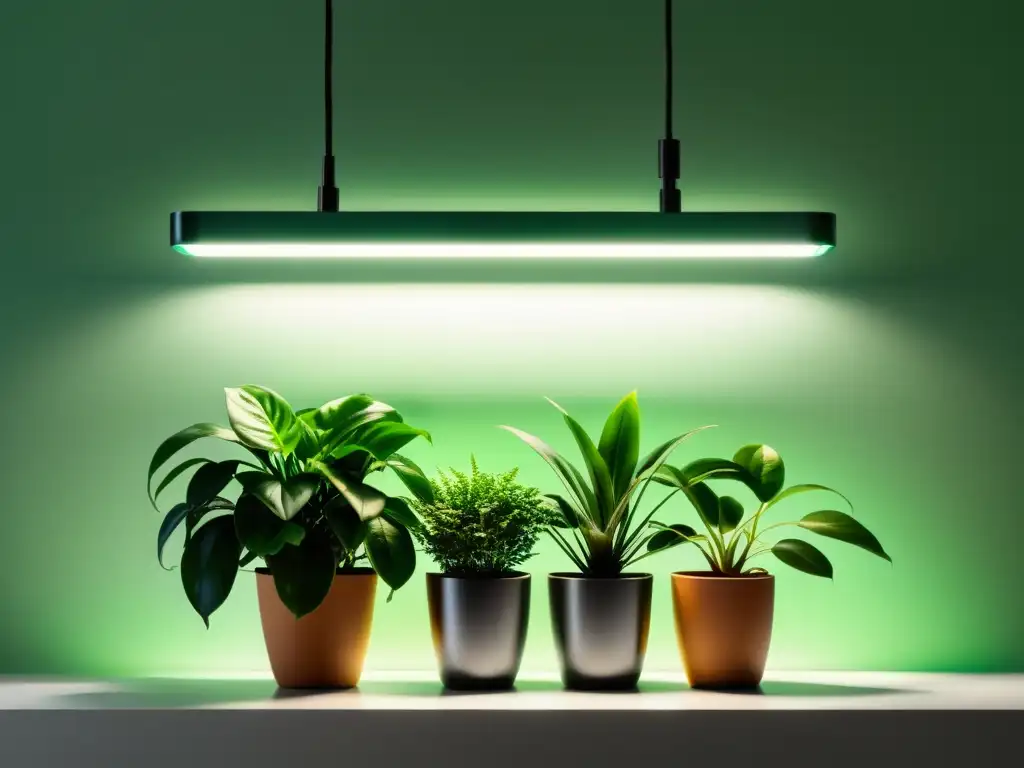 Iluminación para plantas de interior en un espacio moderno con plantas exuberantes y una suave iluminación suspendida