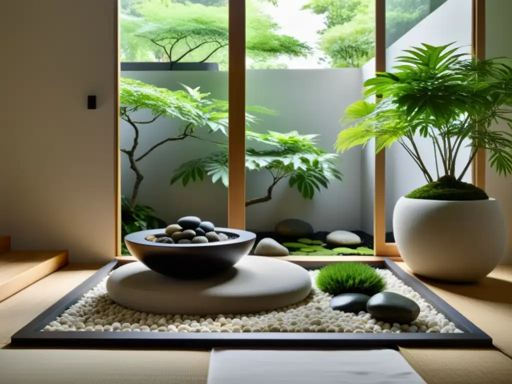 Crear jardín zen plantas interior: Espacio sereno y minimalista con rocas, agua tranquila y vegetación exuberante bañados en suave luz natural