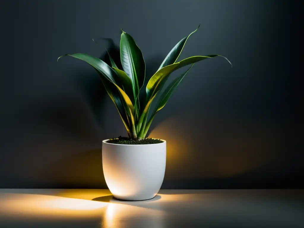 Plantas de interior para espacios oscuros: Una serena Sansevieria verde en maceta blanca frente a un telón oscuro, iluminada por suaves sombras