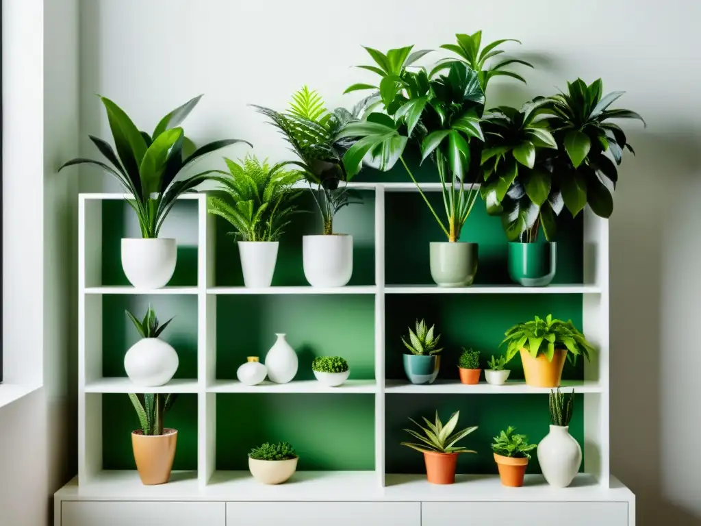 Combina plantas de interior estantería: Una moderna estantería llena de plantas verdes exuberantes, creando un ambiente fresco y equilibrado