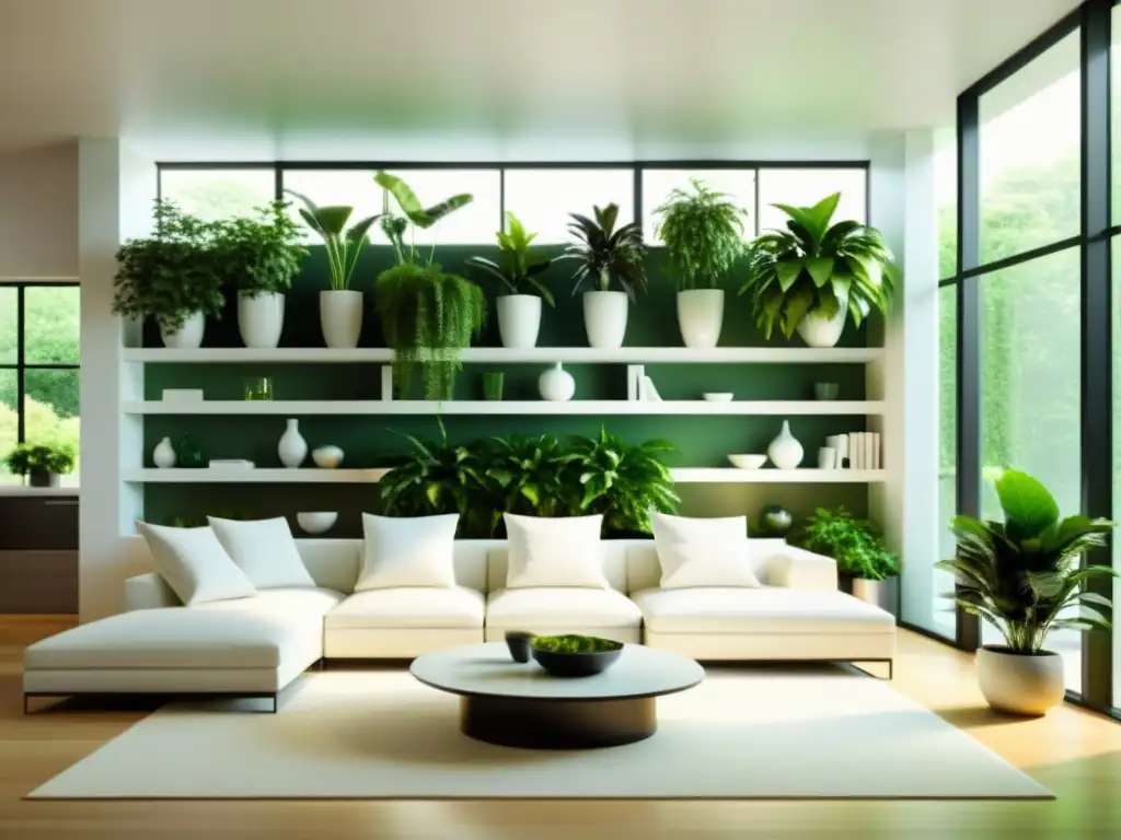 Combinación de plantas de interior en estantes, creando un ambiente armonioso y acogedor con luz natural