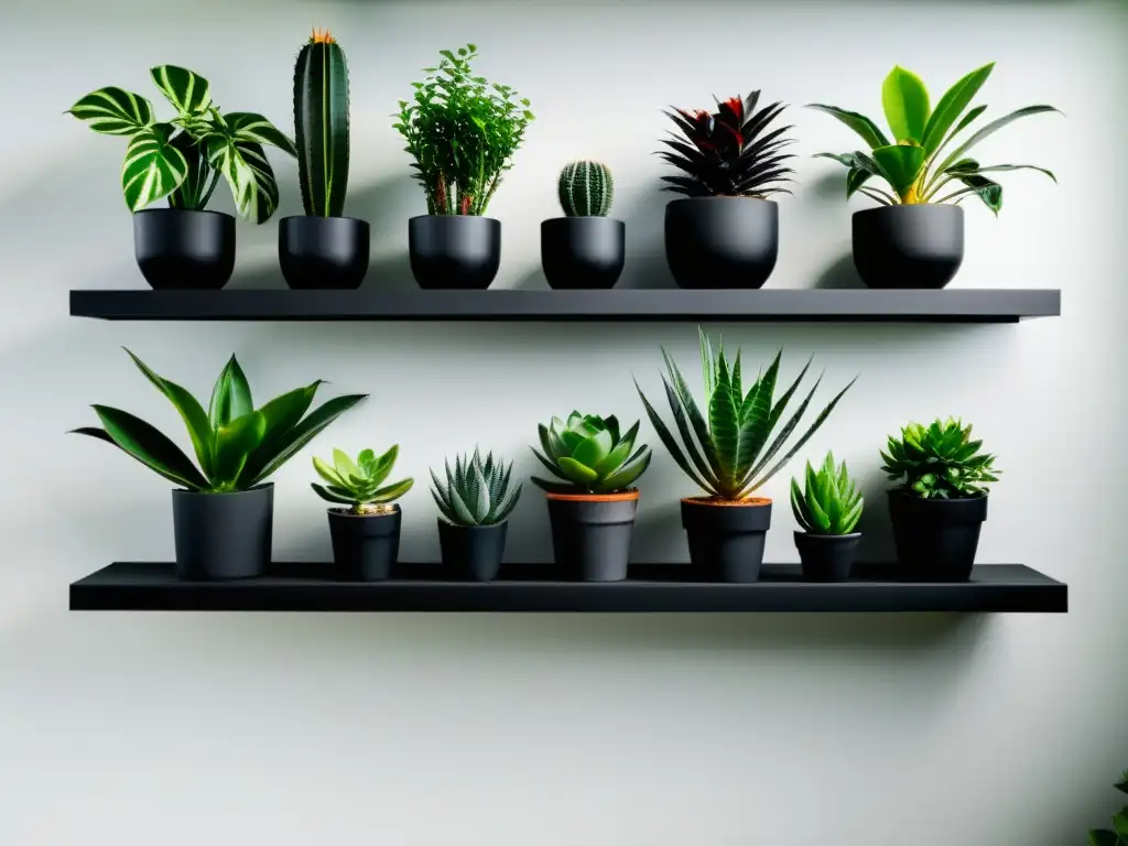 Combinación de plantas de interior en estantes: Minimalista pared blanca con estantes negros y variedad de plantas verdes vibrantes