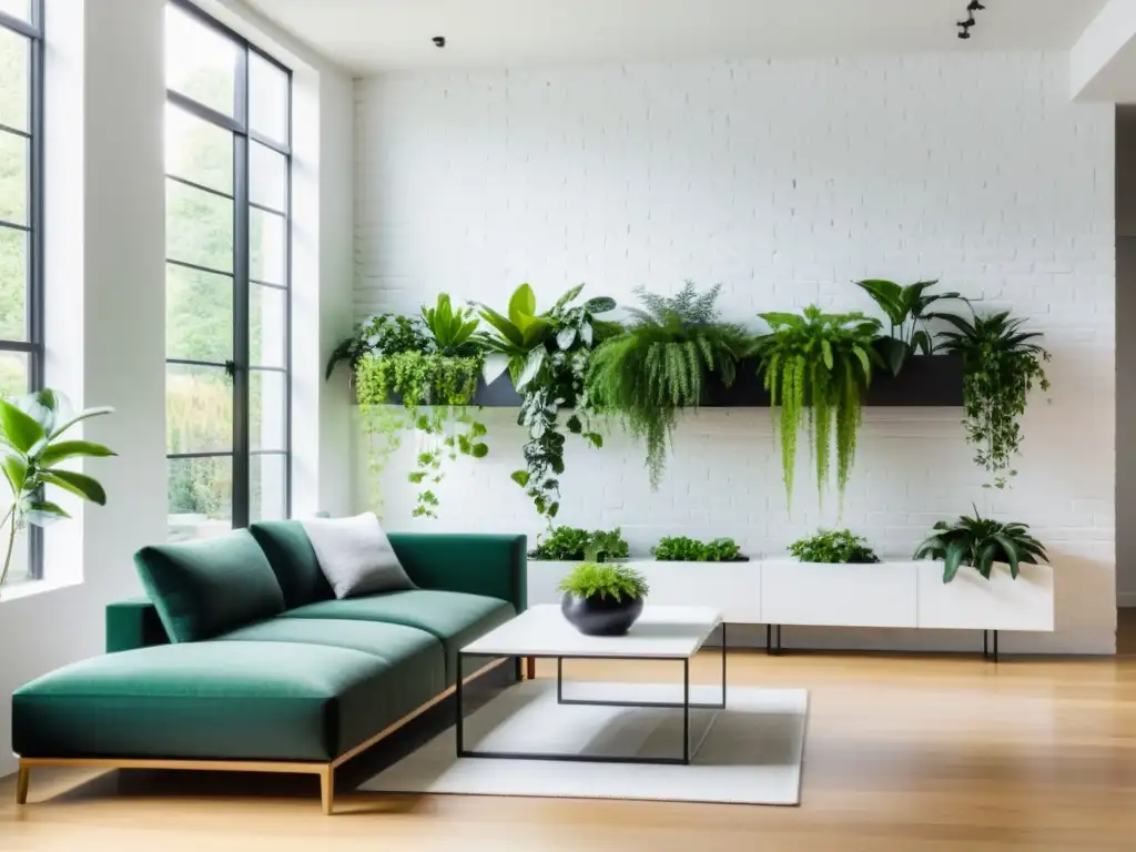 Combinación de plantas de interior en estantes, salón minimalista con pared de ladrillo blanco y modernos estantes verticales repletos de exuberantes plantas verdes en macetas geométricas