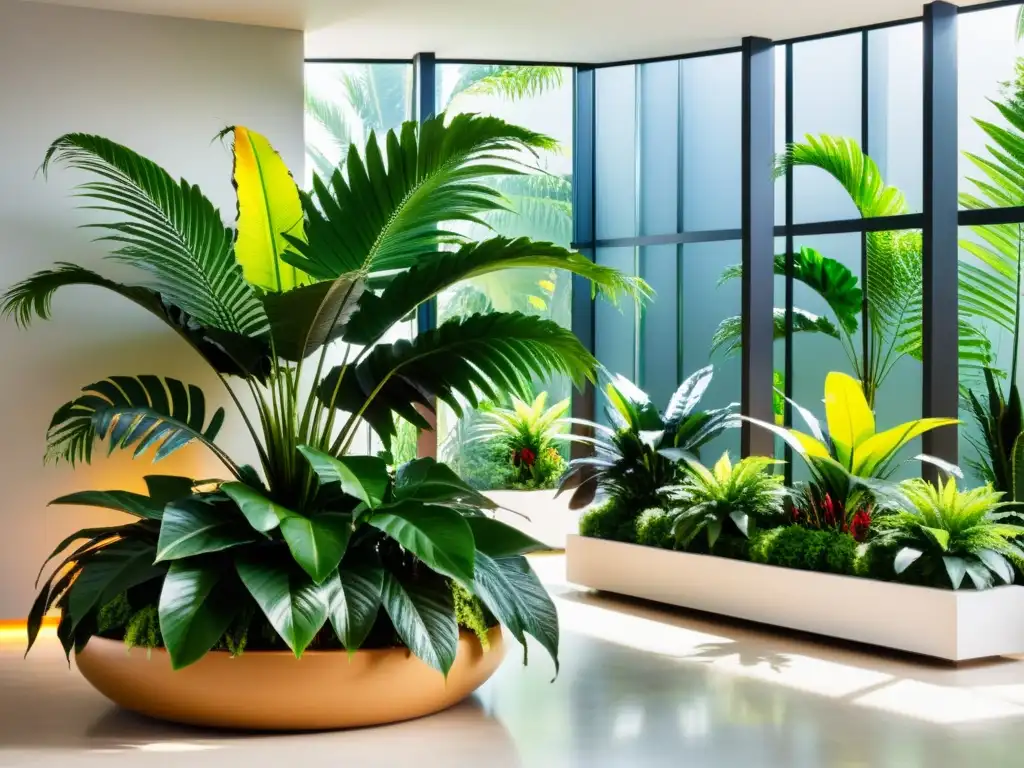 Combinando plantas de interior exóticas en un jardín tropical exuberante dentro de un espacio interior moderno y sereno con luz natural