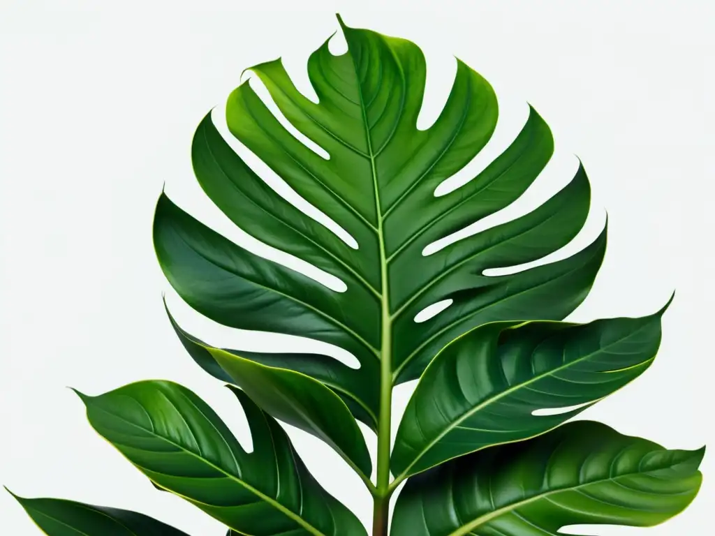 Una fotografía de plantas de interior muestra una exuberante hoja de monstruo con patrones detallados en un fondo blanco