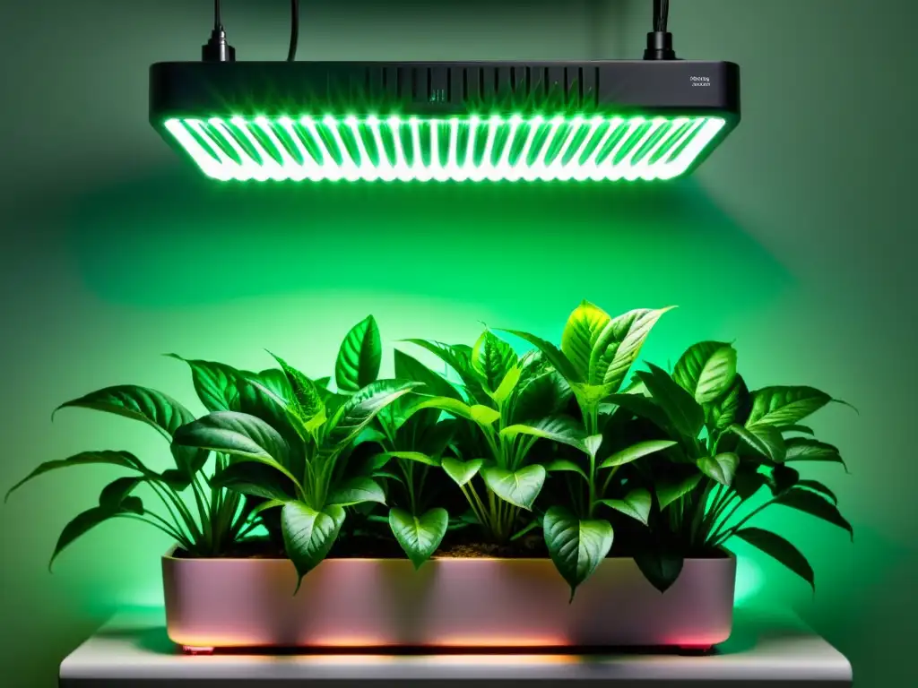 Plantas de interior exuberantes bajo luces LED, emitiendo un suave resplandor rosado