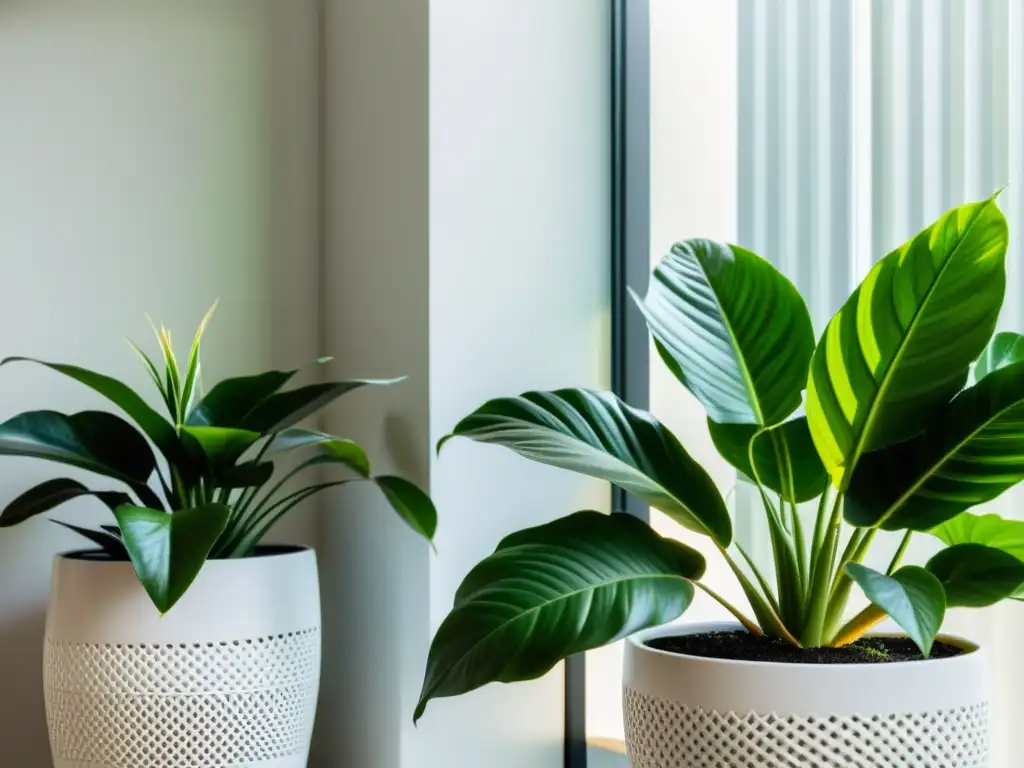 Dos plantas de interior exuberantes y saludables en macetas blancas, iluminadas por luz natural