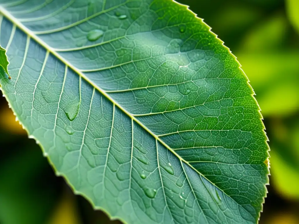 Una fotografía de plantas de interior que muestra una hoja verde vibrante con detalles intrincados, capturada en iluminación natural suave