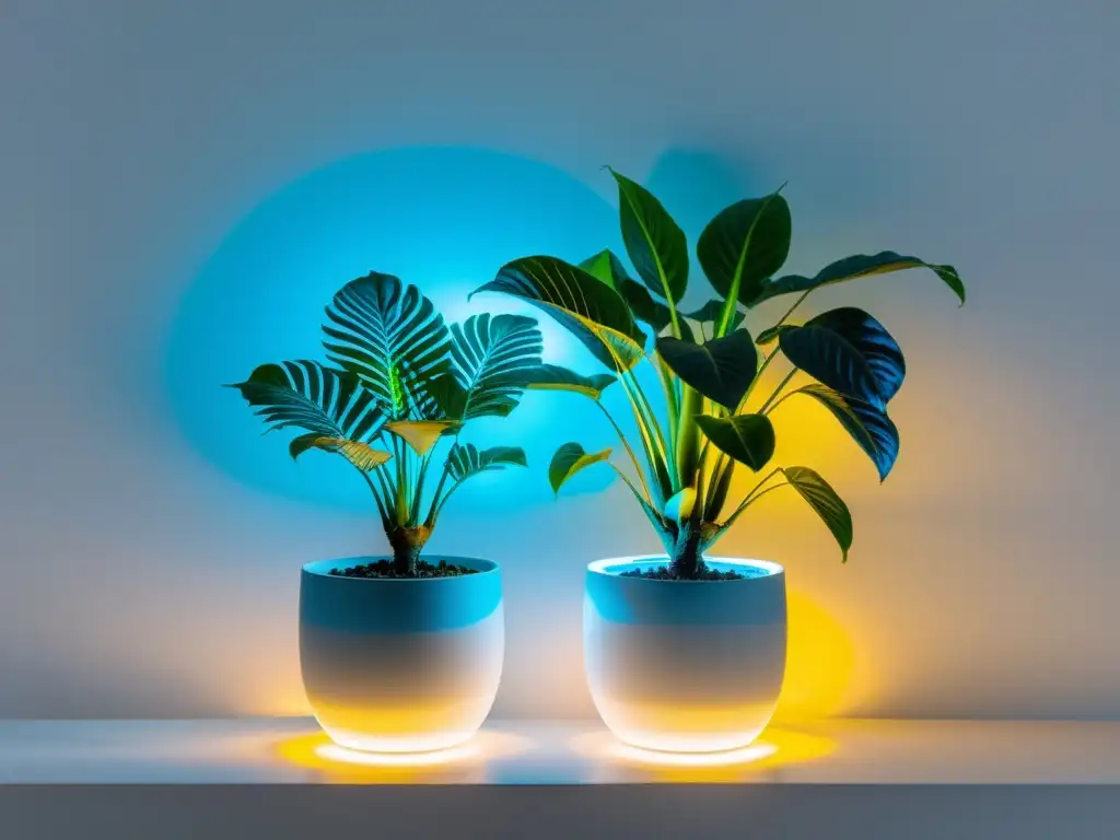 Dos plantas de interior iluminadas, una con luces LED y la otra con luces fluorescentes, mostrando sus efectos en el crecimiento de las plantas