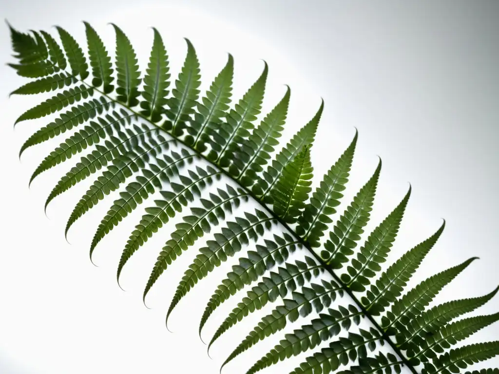 Fotografía de plantas de interior: Imagen minimalista de helecho verde vibrante en primer plano, destacando sus patrones y texturas