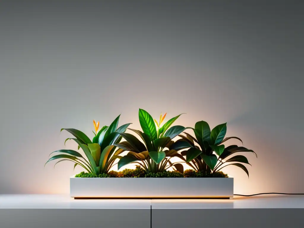 Iluminación para plantas de interior: Imagen de plantas exuberantes en elegantes macetas geométricas, iluminadas por luces LED cálidas