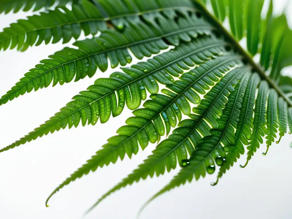 Fotografiar plantas de interior con impacto: Detalle de helecho verde con gotas de agua, patrones de venas destacados y equilibrio dinámico