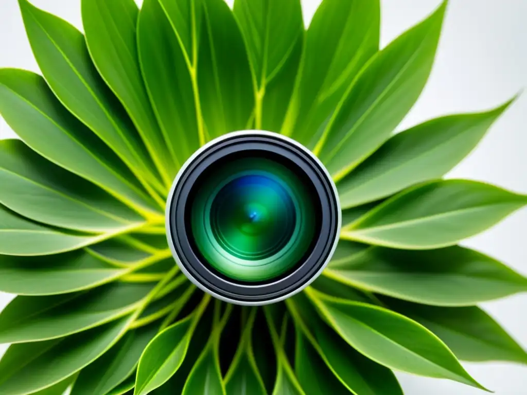 Detalles vibrantes: lente de cámara capturando planta verde en interior Fotografía plantas de interior innovadoras: Detalle de lente capturando la textura de planta verde en fondo blanco iluminado
