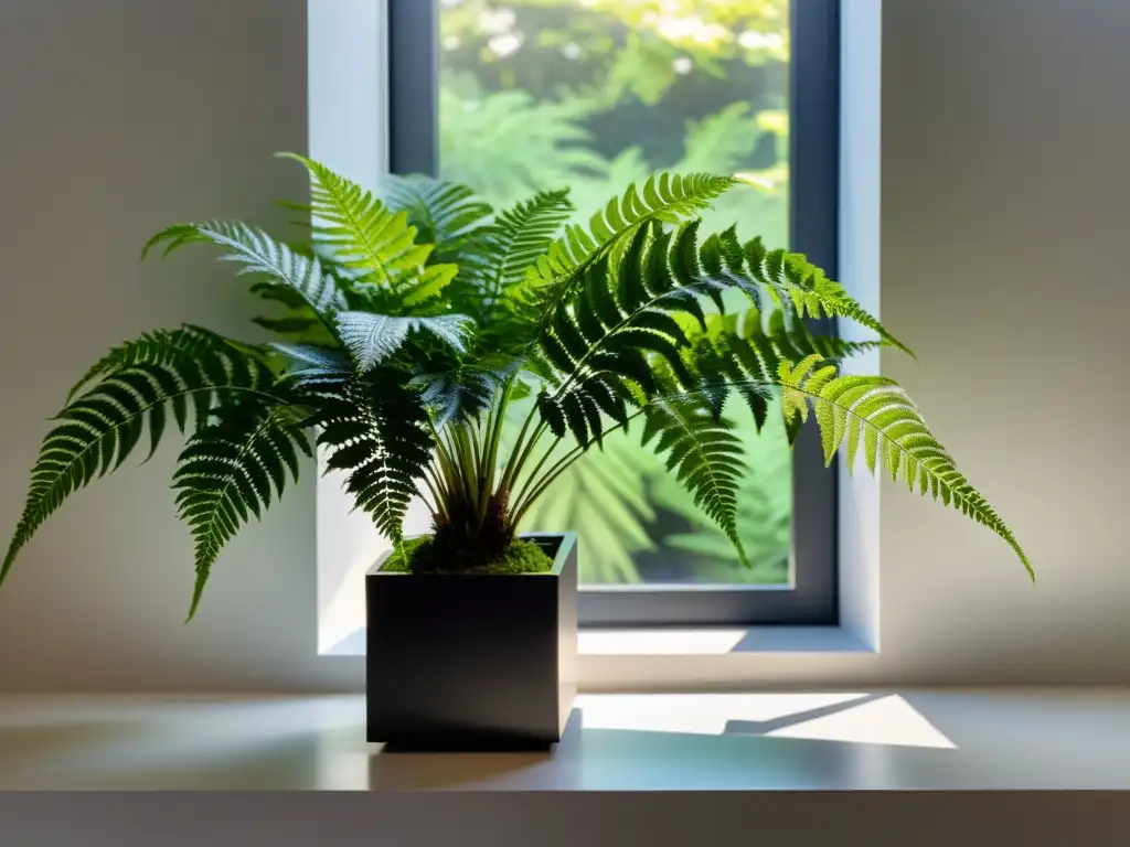 Cultivar plantas de interior en luz tenue: Helecho verde en maceta moderna junto a ventana iluminada, creando atmósfera serena y armoniosa